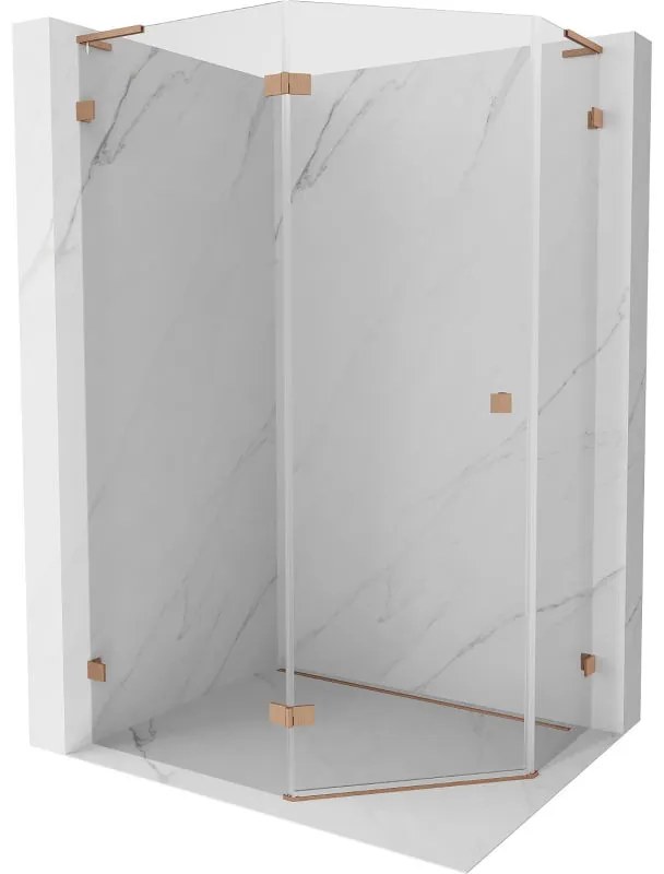 Mexen Lunar, L päťuholníkový sprchový kút naklápací doľava 90 x 80 cm, 8mm číre sklo, profil medená matná, 831L-090L-080P-65-00-L