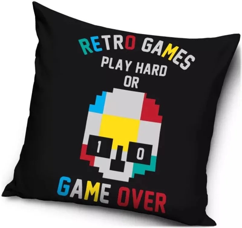 Vankúš Retro Games - Play hard or game over - 40 x 40 cm