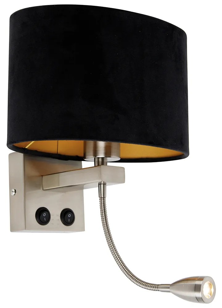 Nástenná lampa oceľ s oválnym zamatovým tienidlom čiernym 25 cm - Brescia Combi
