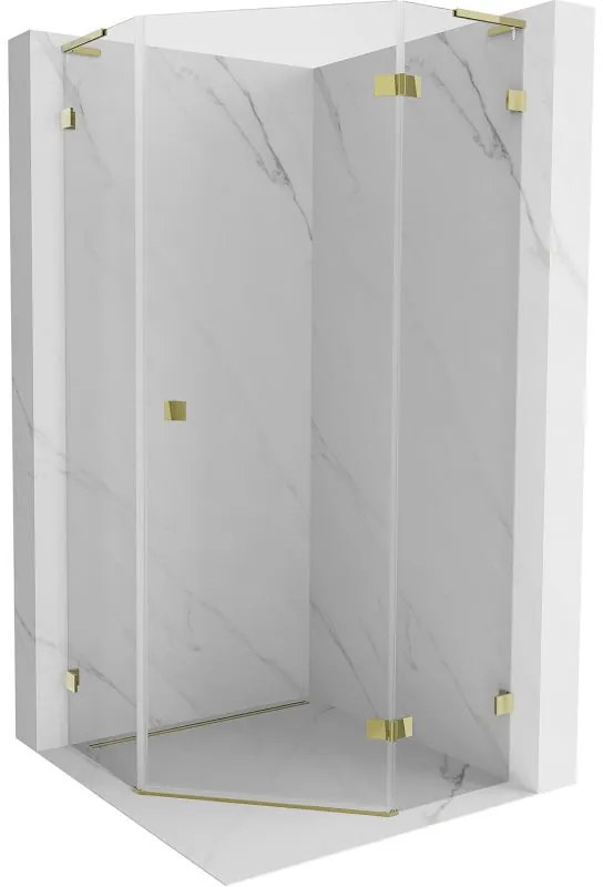 Mexen Lunar, L pravý výklopný päťuholníkový sprchový kút 90 x 90 cm, 8mm číre sklo, zlatý profil, 831L-090P-090L-50-00-P