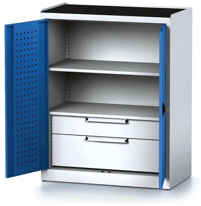 Alfa 3 Policová dielenská skriňa 2-dverová MECHANIC, 1 polica, 2 zásuvky, 920 x 500 x 1170 mm, modré dvere