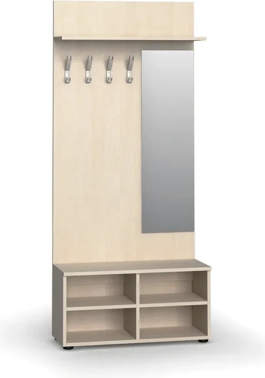 Vešiaková stena s botníkom a zrkadlom PRIMO WOOD, 4 háčiky, polica, roky zvisle, breza