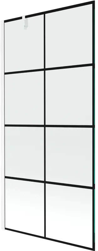 Mexen Next, vaňová zástena 1-krídlová 90 x 150 cm, fixné krídlo, 6 mm číre sklo s čiernym vzorom, biely profil, 895-090-000-00-77-20