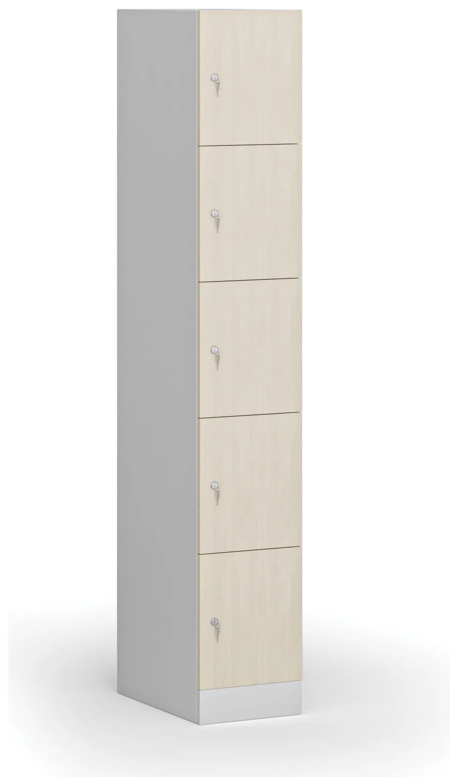 Šatníková skrinka S1 s úložnými boxmi, 5 boxov, 1850 x 300 x 500 mm, demont, cylindrický zámok, laminované dvere, breza