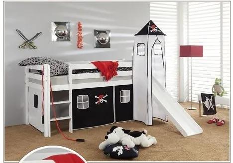 Detská vyvýšená posteľ so šmýkačkou PIRÁTI bieločierna - BIELA