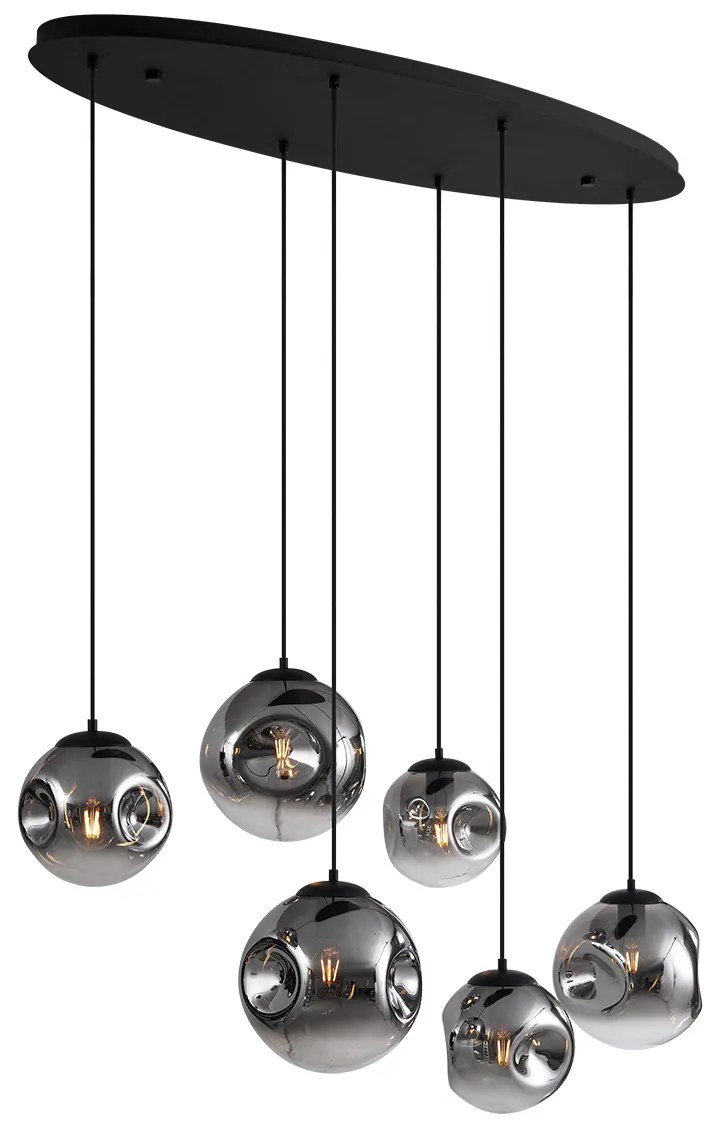 Art Deco závesná lampa čierna s oválnou stropnou doskou a dymovým sklom 6-Lights - Douglass