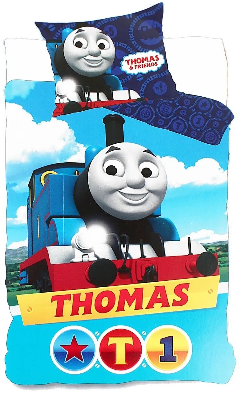 Obliečky do detskej postieľky - posteľná bielizeň - Mašinka Tomáš - Lokomotiva Tomáš - 100% bavlna - 90 x 140 + 40 x 55 cm
