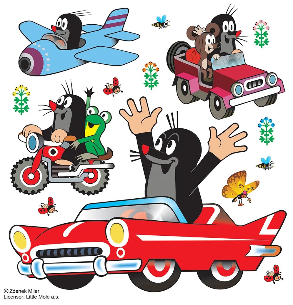 Detská samolepka na stenu - Krtko v aute - 30x30 cm