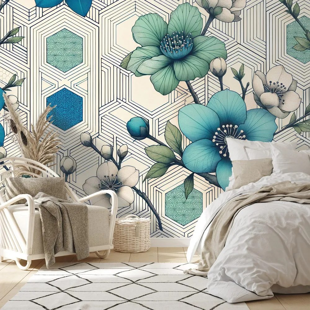 Samolepiaca tapeta modré kvety s geometrickým pozadím