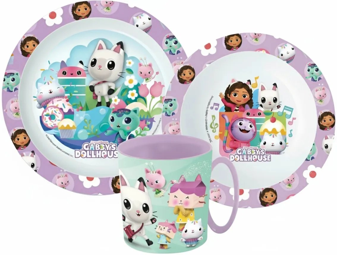 Sada plastového riadu Gábinin kúzelný domček s hrnčekom - BPA free - sada 3 ks