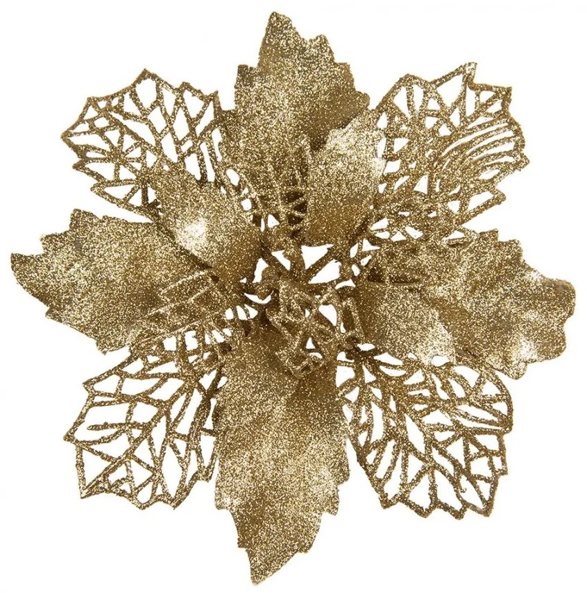 Zlatá trblietavá umelá dekorácia kvetina Poinsettia - Ø 22*5 cm