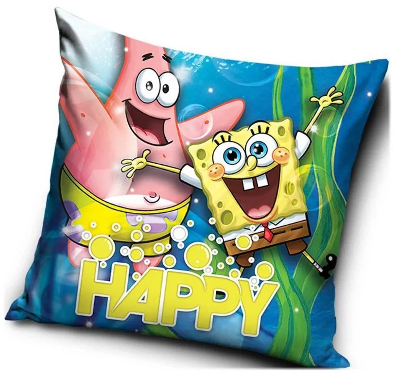 Vankúš Spongebob a Patrik - motív HAPPY - 40 x 40 cm