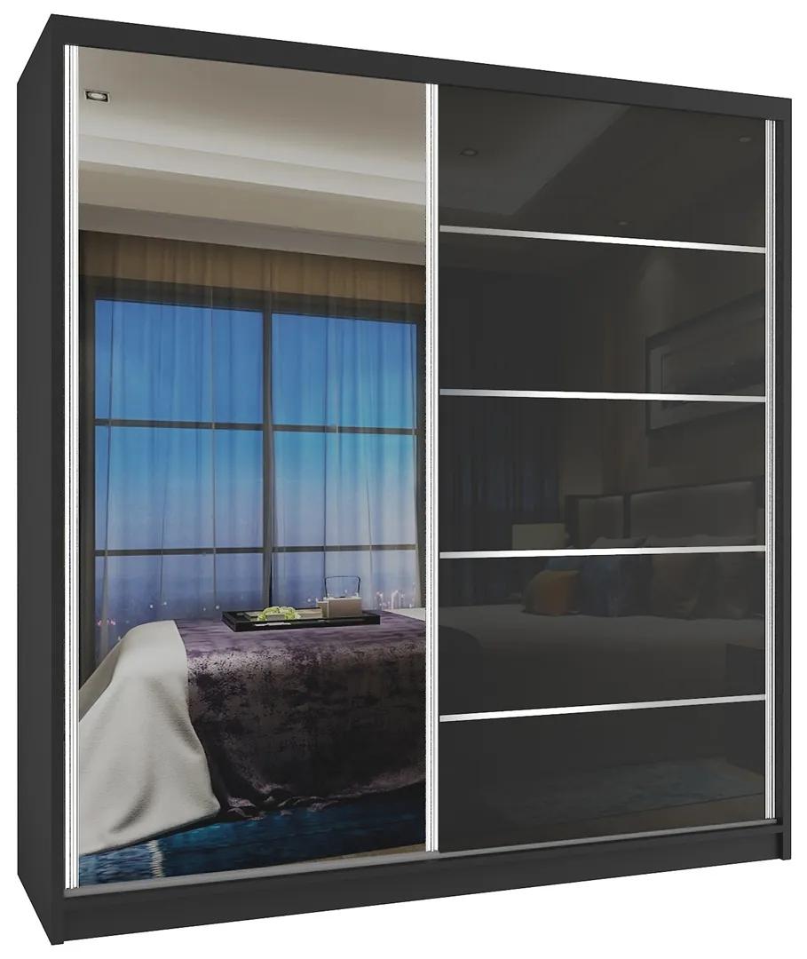 Šatníková skriňa 158 cm Belini čierny mat / čierny lesk s posuvnými dverami a zrkadlom MG SZP3/2/B/WI/1L5B/HI
