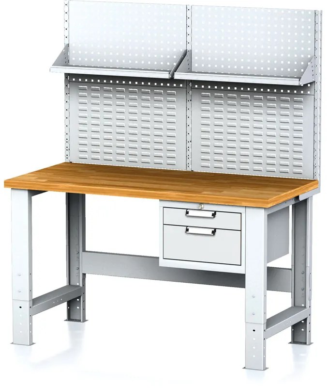 Alfa 3 Nastaviteľný dielenský stôl MECHANIC I, závesný box na náradie, nadstavba, polica, 2 zásuvky, 1500x685x700-1055 mm, sivé