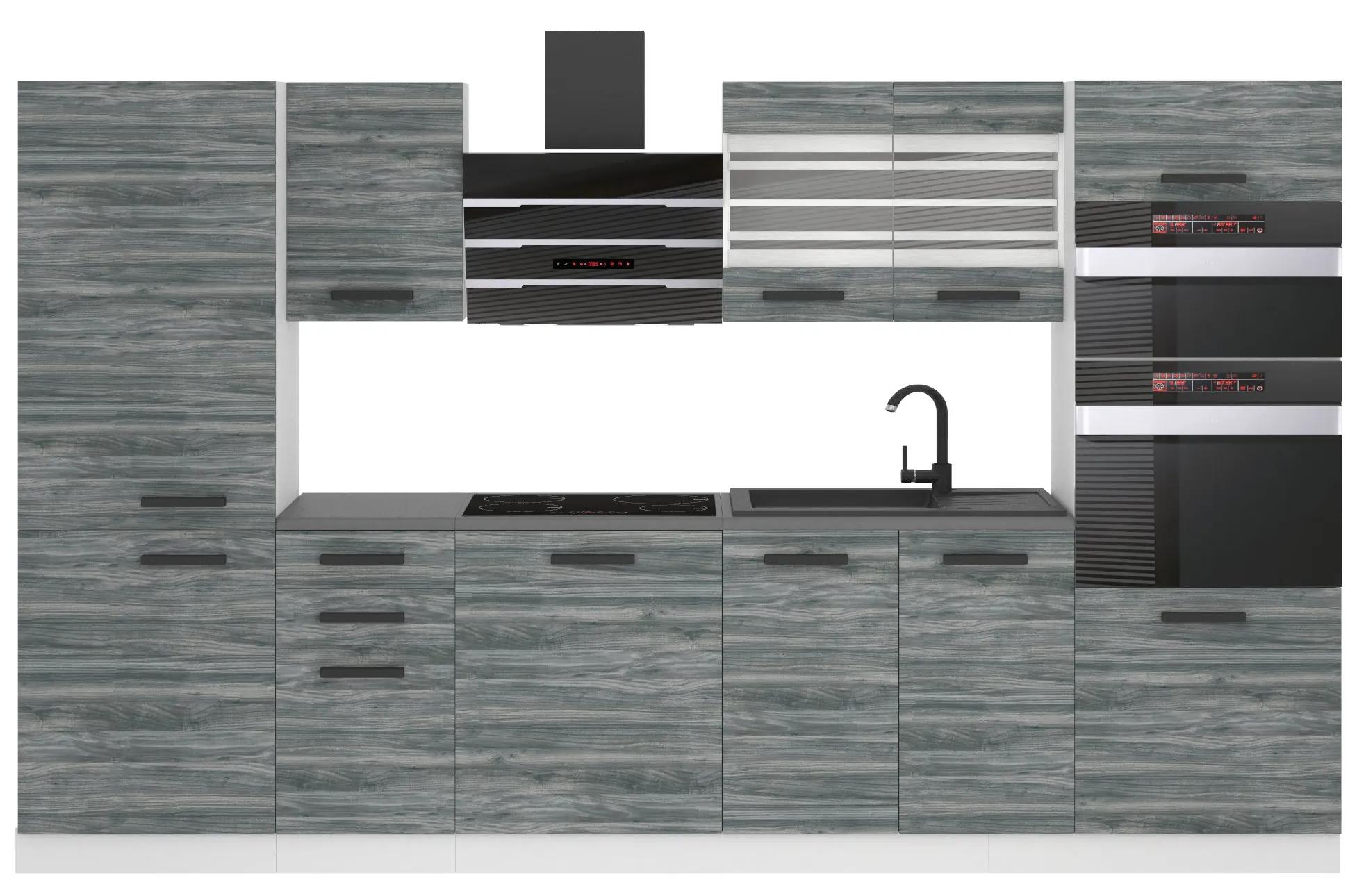 Kuchynská linka Belini Premium Full Version 300 cm šedý antracit Glamour Wood s pracovnou doskou MILA