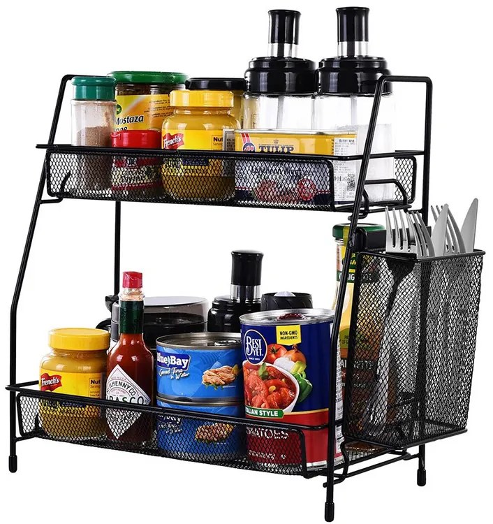 VERK GROUP Dvojposchodová polica, kovová s prídavným košíkom LOFT - čierna, 36 x 17 x 32 cm