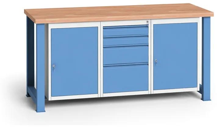Dielenský stôl KOVONA, 2 závesné skrinky a 4 zásuvky na náradie, buková škárovka, pevné nohy, 1700 mm