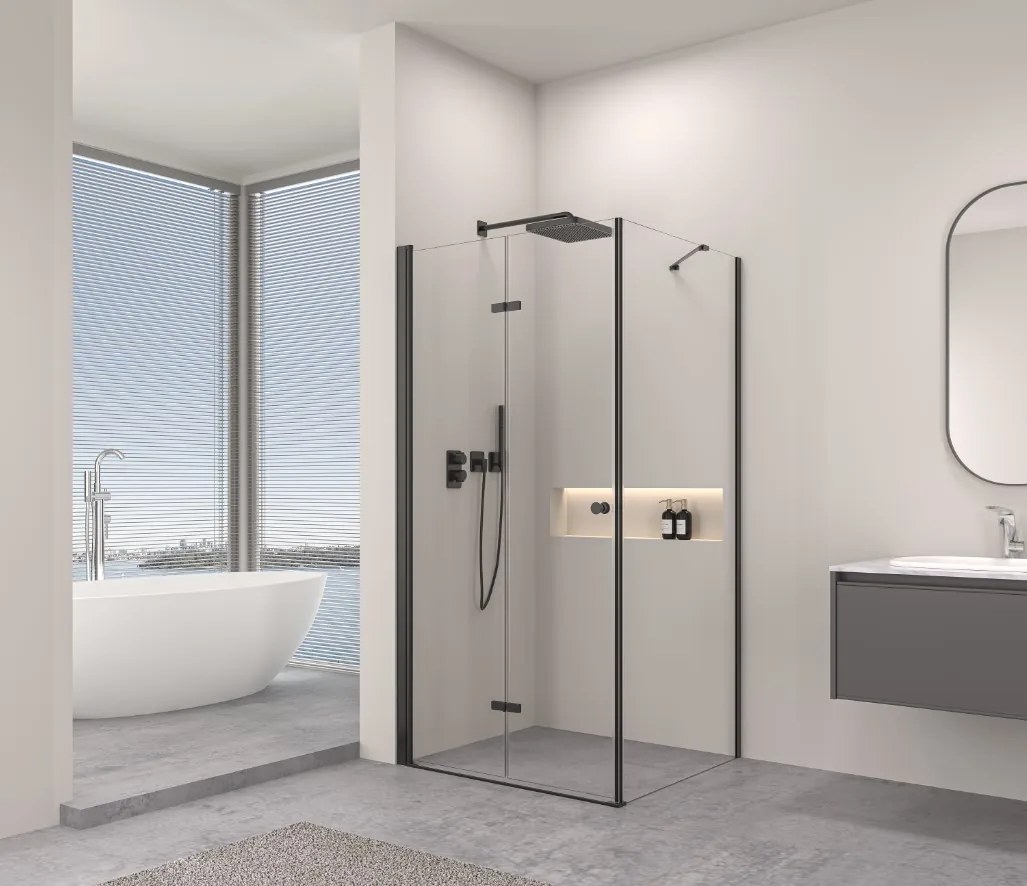 Erga Berlin, sprchový kút so skladacími dverami 70(dvere) x 90(stena) x 195 cm, 6mm číre sklo, čierny profil, ERG-V02-BERLIN-D070G090-CL-BK