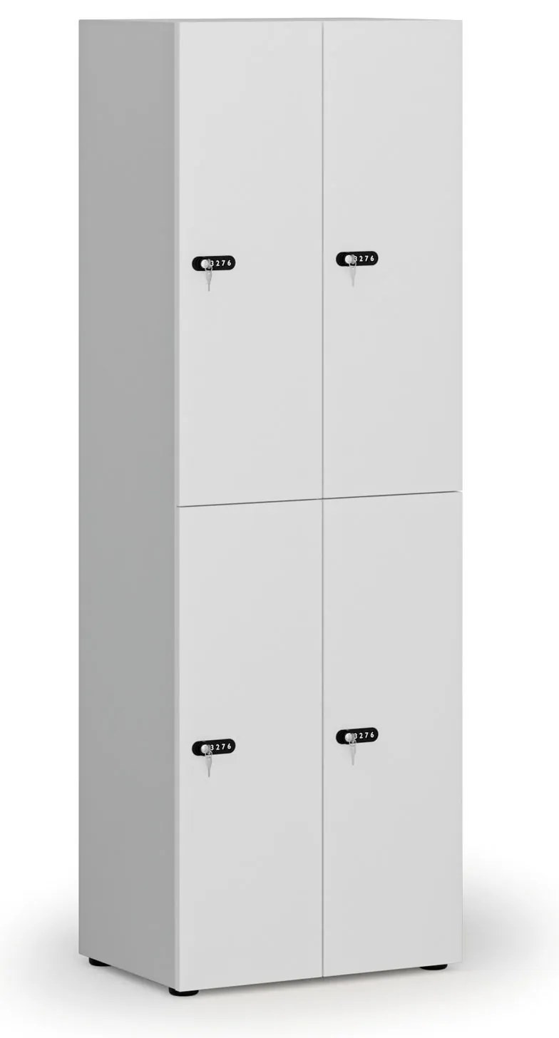 Drevená šatníková skrinka s úložnými boxmi, 4 boxy, demont, mechanický kódový zámok, sivá/biela