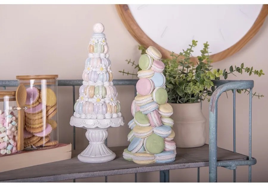Bielo-ružová dekorácia veža z makrónok na podstavci - Ø 12*30 cm