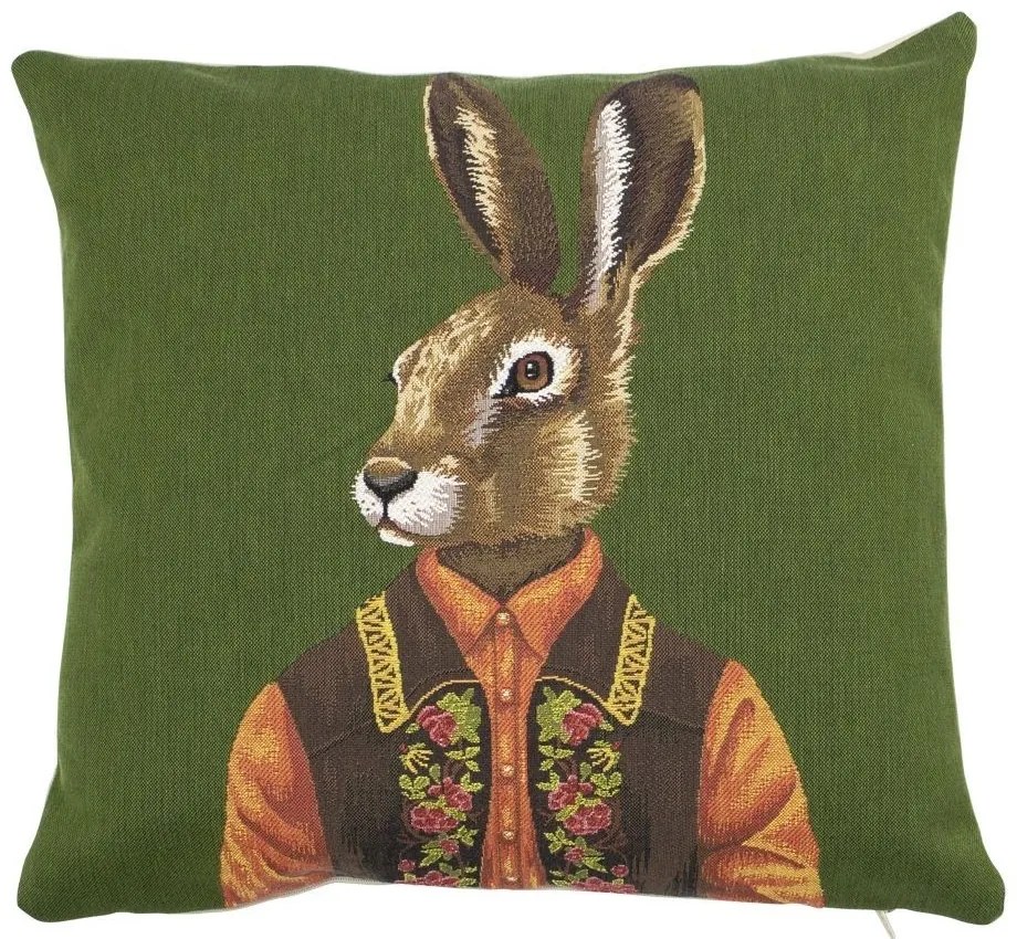 Zelený gobelínový vankúš sa zajacom vo veste - 45 * 15 * 45cm
