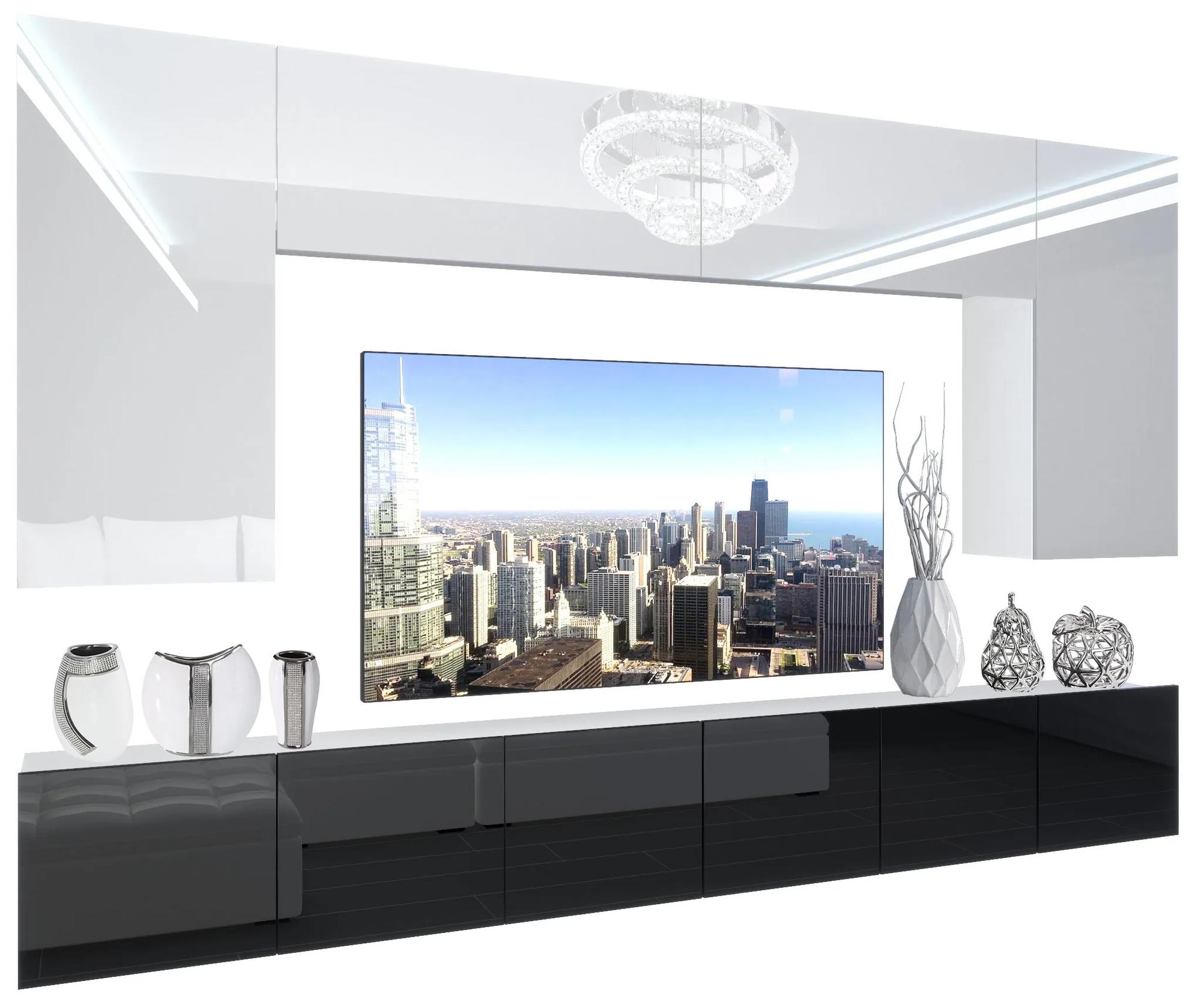 Obývacia stena Belini Premium Full Version biely lesk / čierny lesk + LED osvetlenie Nexum 18