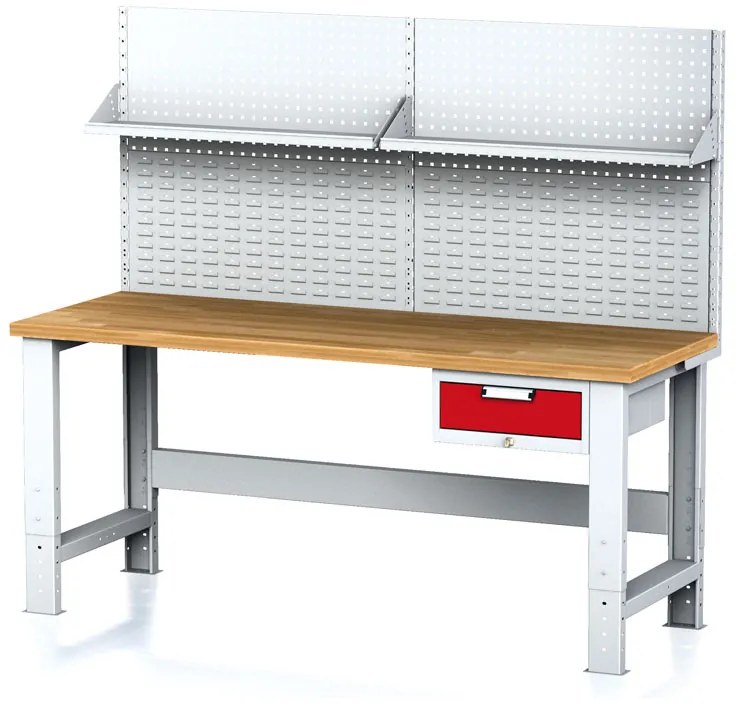 Alfa 3 Nastaviteľný dielenský stôl MECHANIC I, závesný box na náradie, nadstavba, polica, 1 zásuvka, 2000x685x700-1055 mm, červené