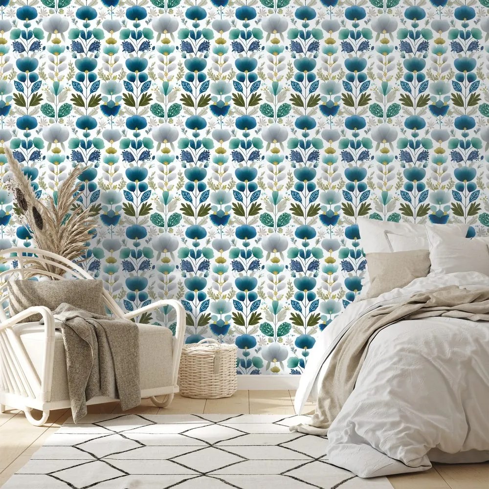 Tapeta modré kvety na bielom pozadí