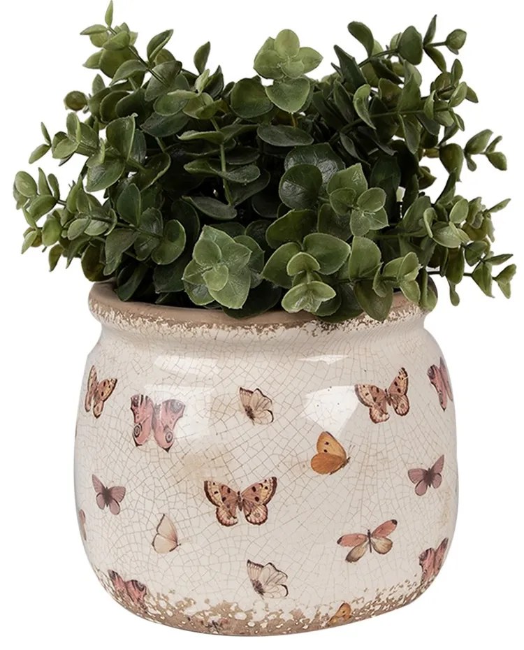 Béžový antik obal na kvetináč s motýlikmi Butterfly Paradise M - Ø 16*13 cm