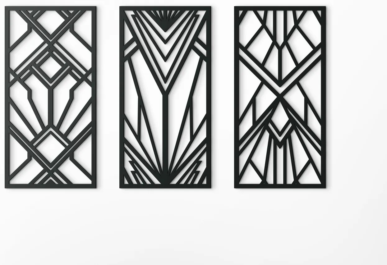 drevko 3-dielny abstraktný obraz Geometrické tvary Rozmer obrazu: 37 x 65 cm, Farba dekorácie: Čierna