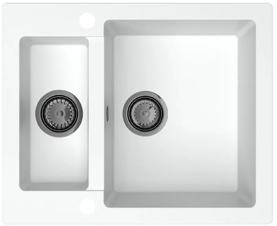 Sink Quality Ferrum, kuchynský granitový drez 605x495x210 mm + čierny sifón, biela, SKQ-FER.W.5KBO.XB
