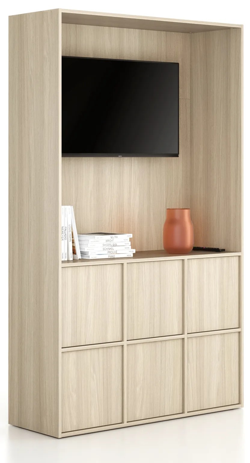 Kancelárska skriňa FRAME, 6x dvere, priestor pre TV, 1299 x 450 x 2162 mm, PUSH-lock, dub prírodný