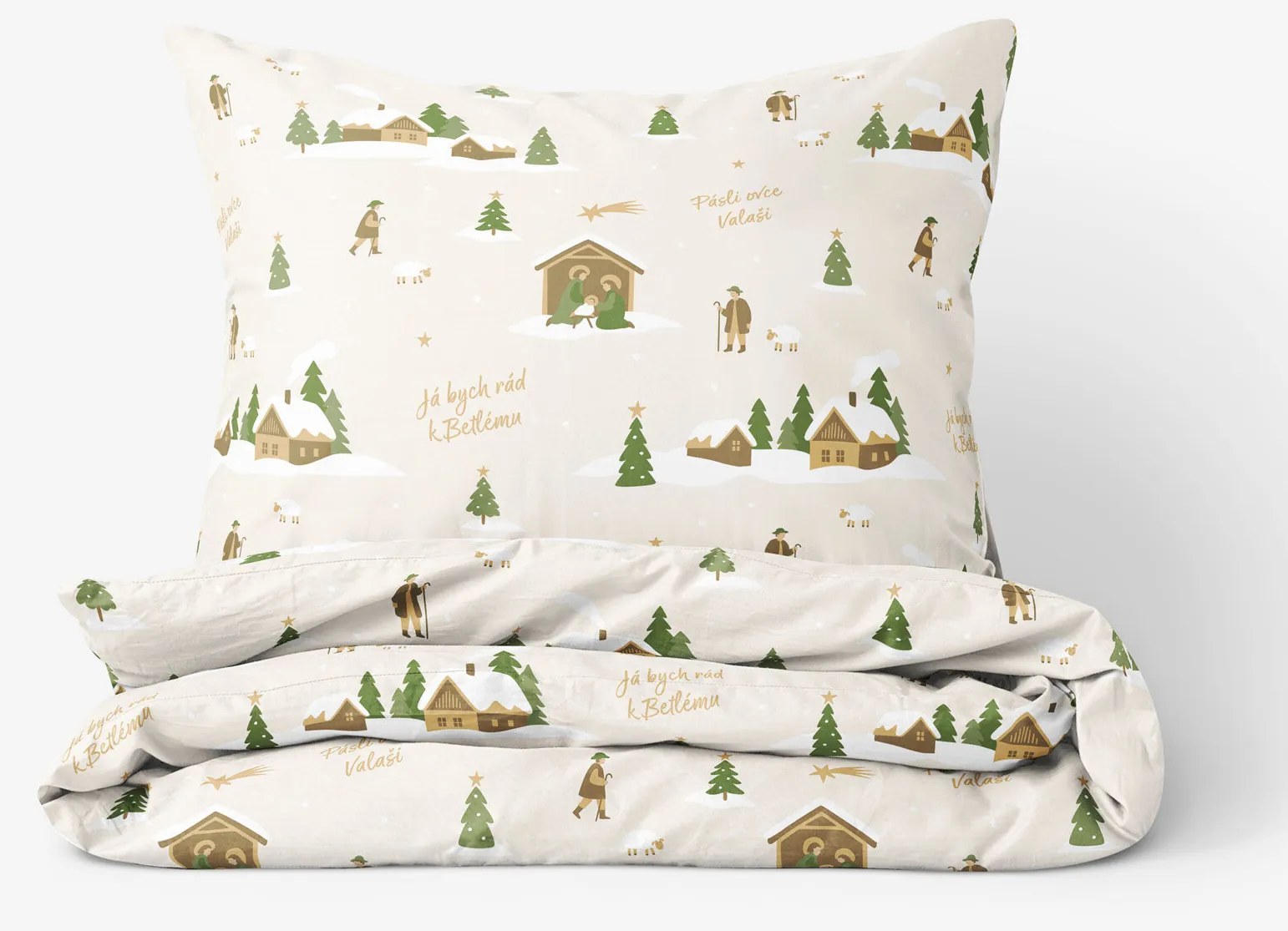 Goldea vianočné bavlnené posteľné obliečky - pásli ovce valaši 140 x 200 a 70 x 90 cm