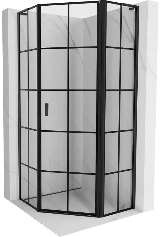 Mexen Mist L, päťuholníkový sprchový kút s krídlovými dverami, 80 x 80 cm, 8mm číre sklo, čierny profil, 8A8L-080-080-70-77-P