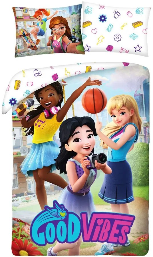 Bavlnené posteľné obliečky LEGO Friends - motív Good Vibes - 100% bavlna - 70 x 90 cm + 140 x 200 cm