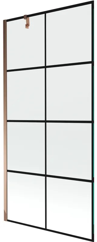 Mexen Next, vaňová zástena 1-krídlová 90 x 150 cm, fixné krídlo, 6 mm číre sklo s čiernym vzorom, ružové zlato profil, 895-090-000-00-77-60