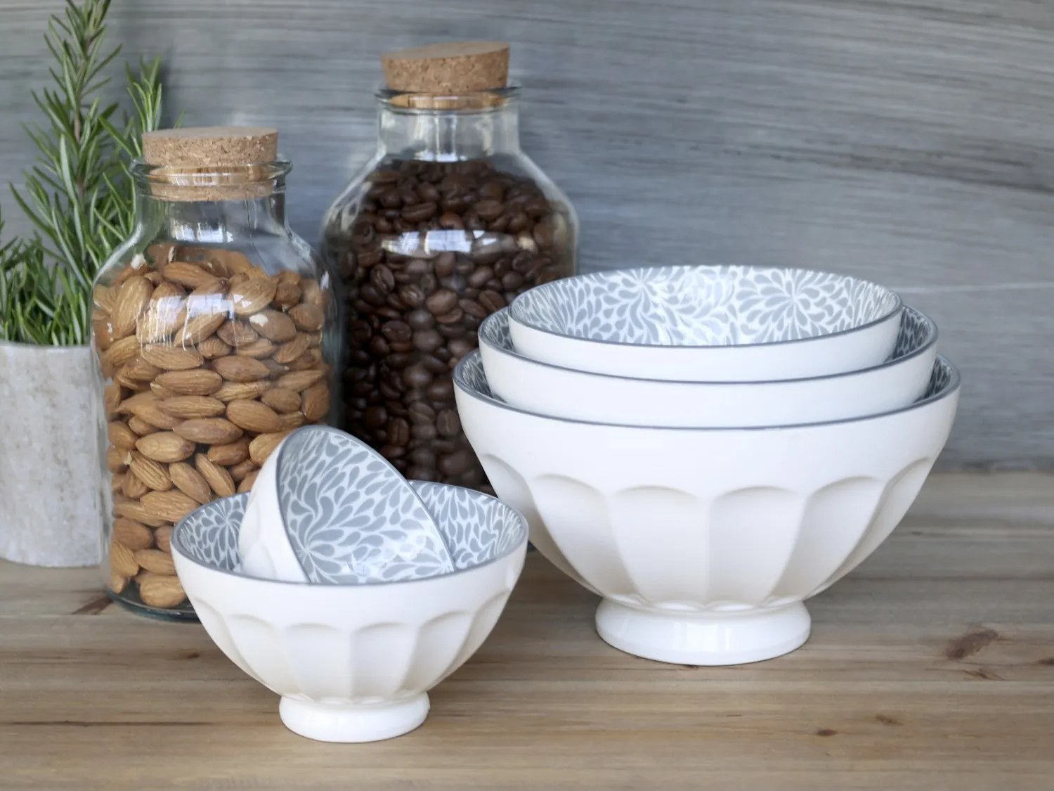 Set 5ks biela porcelánová miska so šedými ornamentmi vo vnútri Arés - Ø15*9 cm