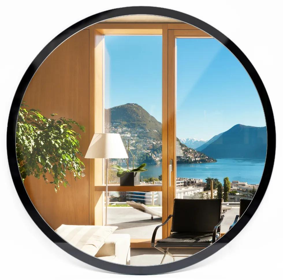 Moderné okrúhle zrkadlo v čiernom ráme fi 90 cm