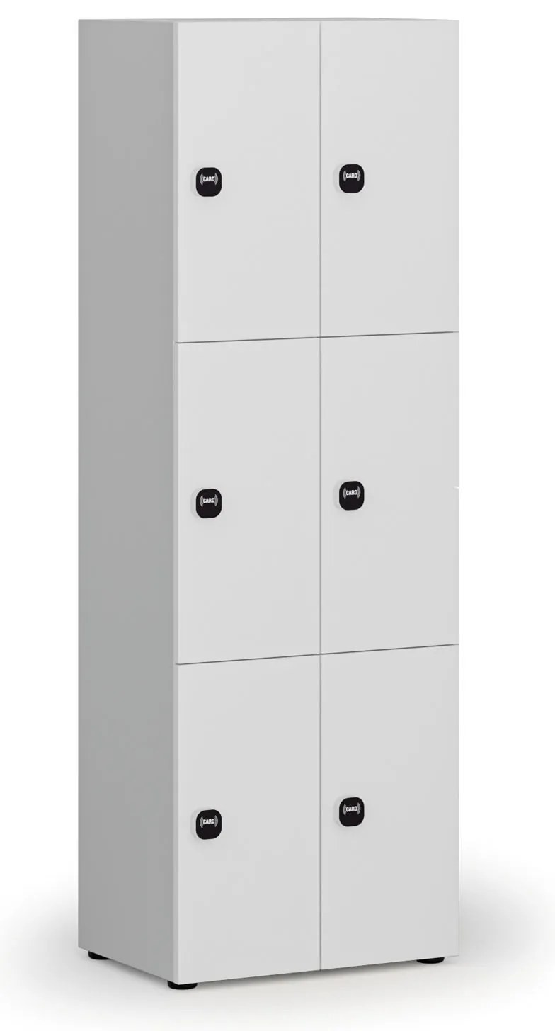 Drevená šatníková skrinka s úložnými boxmi, 6 boxov, RFID zámok, sivá/biela