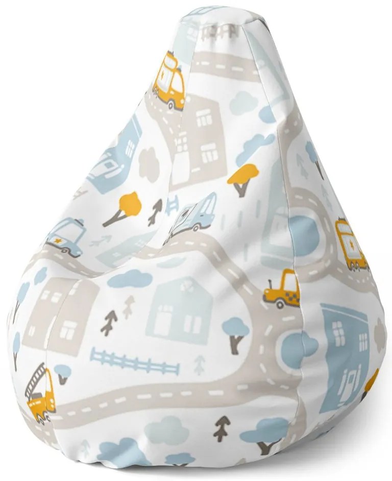 Sedací vak Pear cestičky s dopravou - detský, farebná