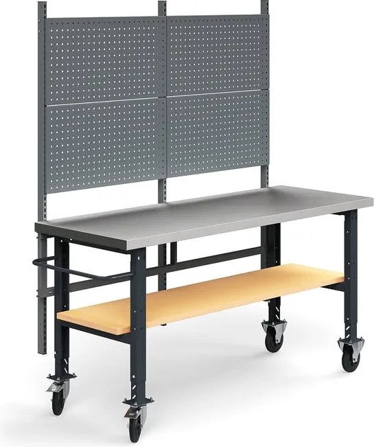 Mobilný dielenský stôl TRUST, panel na náradie, spodná polica, 2000x760 mm, oceľový povrch