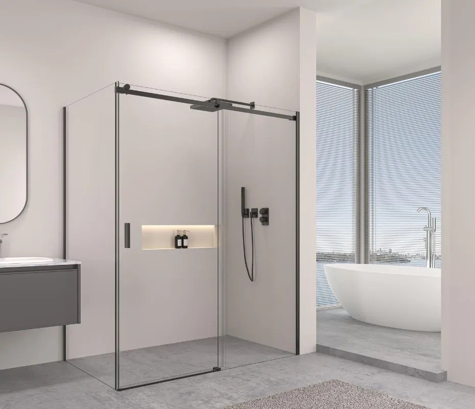 Erga Lynn, sprchový kút s posuvnými dverami 110(dvere) x 110(stena) x 195 cm, 8mm číre sklo, čierny profil, ERG-V02-LYNN-D110G110-CL-BK