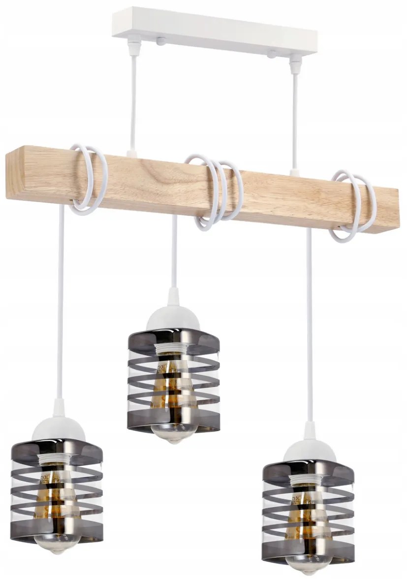 BERGE Závesné LED stropné svietidlo 3xE27 drevený trám - sklenené lišty - biele