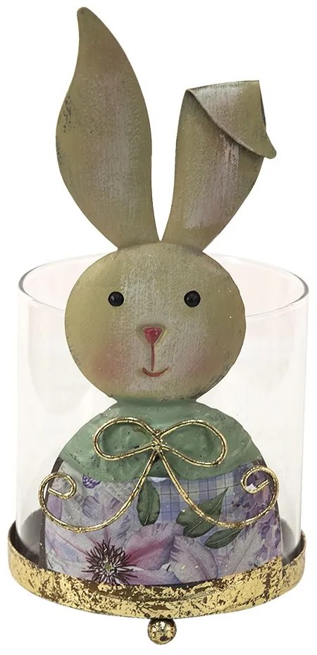 Sklenený svietnik na čajovku s králičou slečnou - 11*10*22 cm