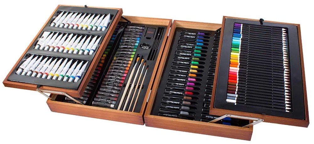 174 kusová súprava na maľovanie a kreslenie v praktickej drevenej krabičke