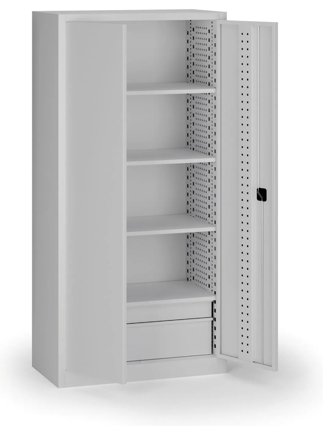 Policová dielenská skriňa 2-dverová, 4 police + 2 zásuvky, 1950 × 950 × 500 mm, sivé dvere