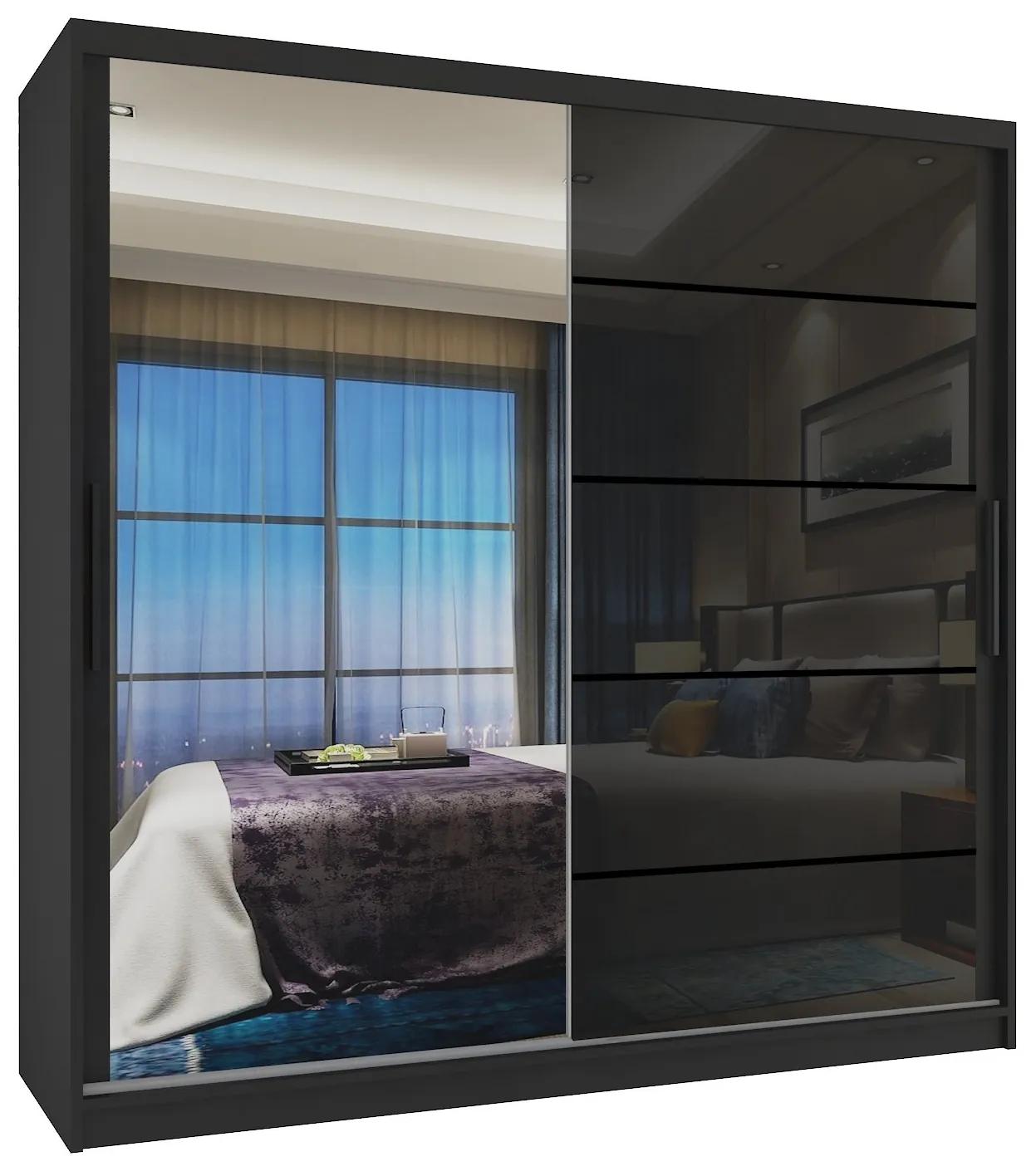 Šatníková skriňa 200 cm Belini čierny mat / čierny lesk s posunými dverami zrkadlom a zásuvkami  MGB SZP5/1/B/1L5B/KLP