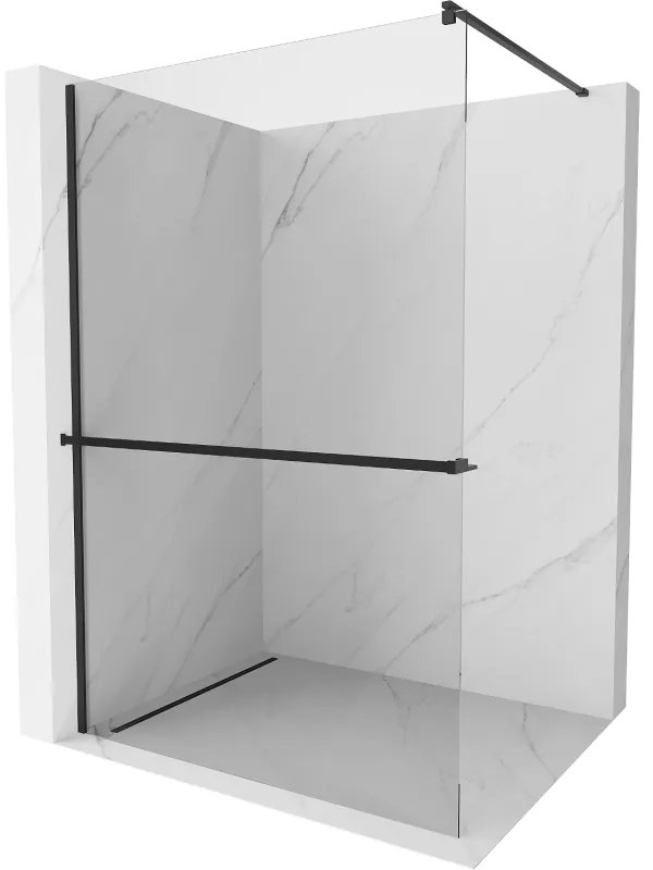 Mexen Kioto, sprchová zástena Walk-In Walk-in 125 x 200 cm, 8mm číre sklo, čierny profil + vešiak na uteráky s poličkou, 800-125-121-70-00