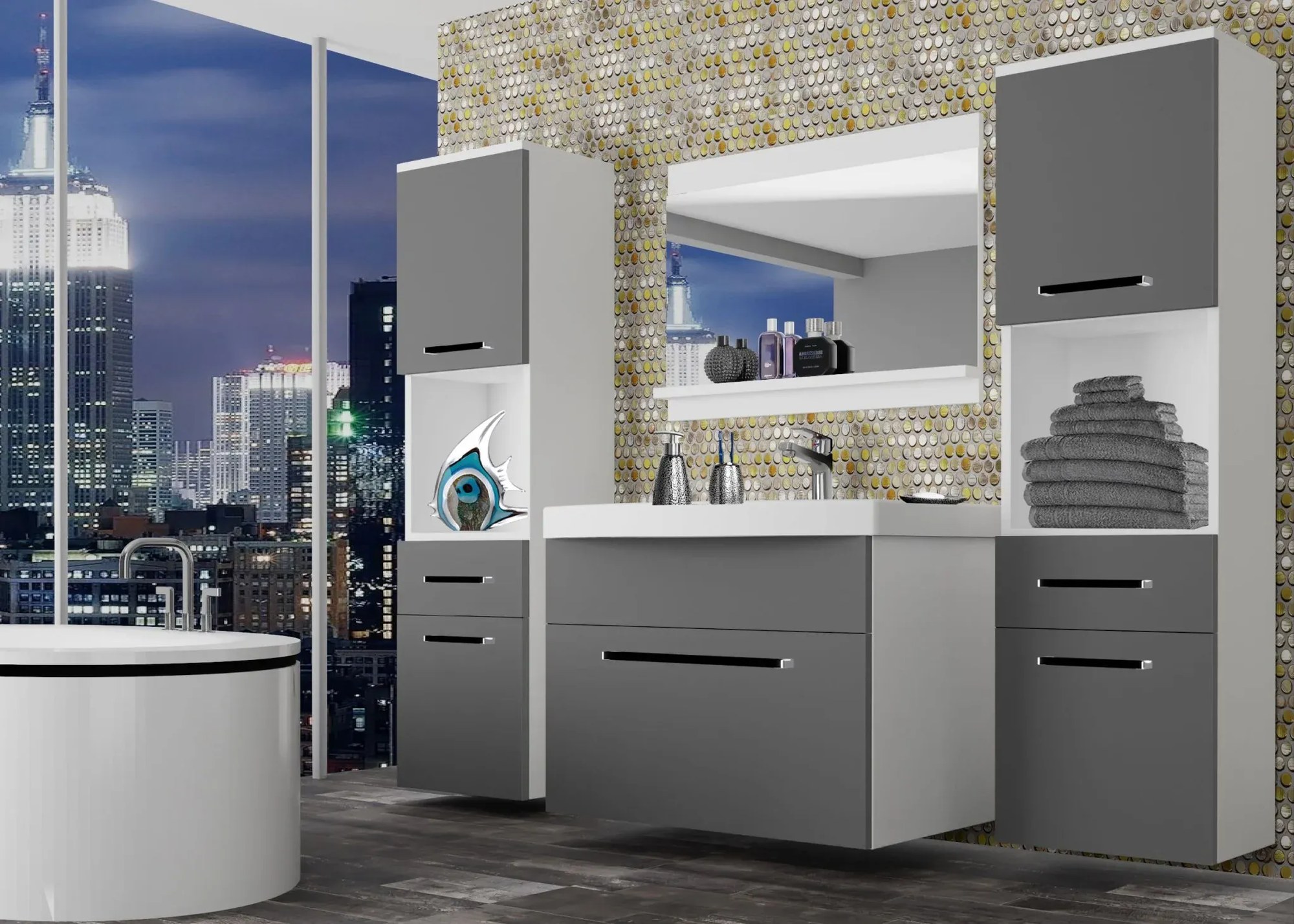 Kúpeľňový nábytok Belini šedý mat + umývadlo + zrkadlo ROD M 6/0/W/SR/0/ZW