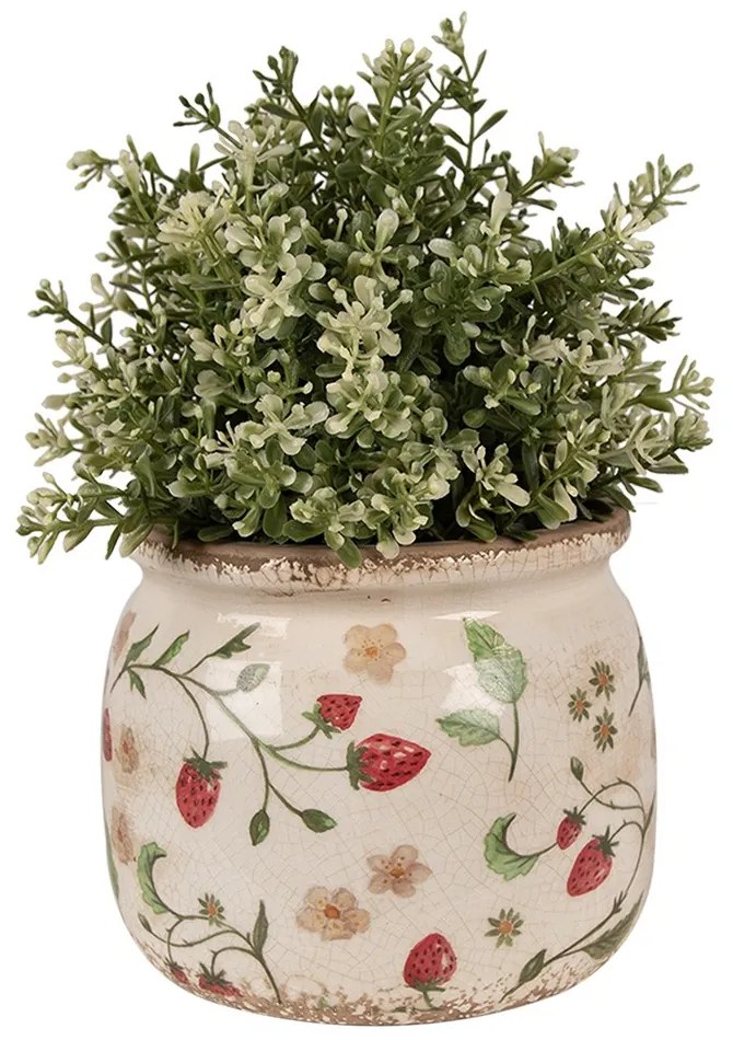 Béžový keramický obal na kvetináč s jahôdkami Wild Strawberries M - Ø 16*13 cm